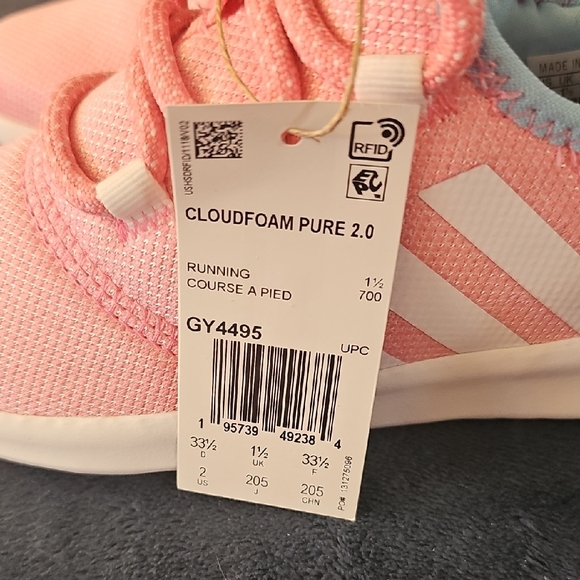 Adidas Kids Cloudfoam Pure 2.0 Pink Sneakers Size 2 - Picture 3 of 7
